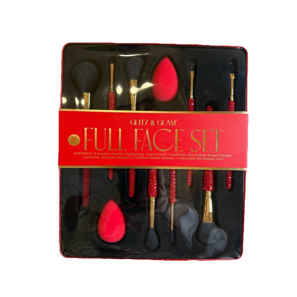 Glitz & Glam 11-Piece Full Face Brush Set Red Rhinestone Handles + Sponges NEW